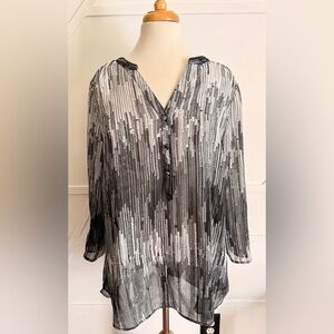 Sara Michelle Black & White Sheer V-Neck Button Blouse
